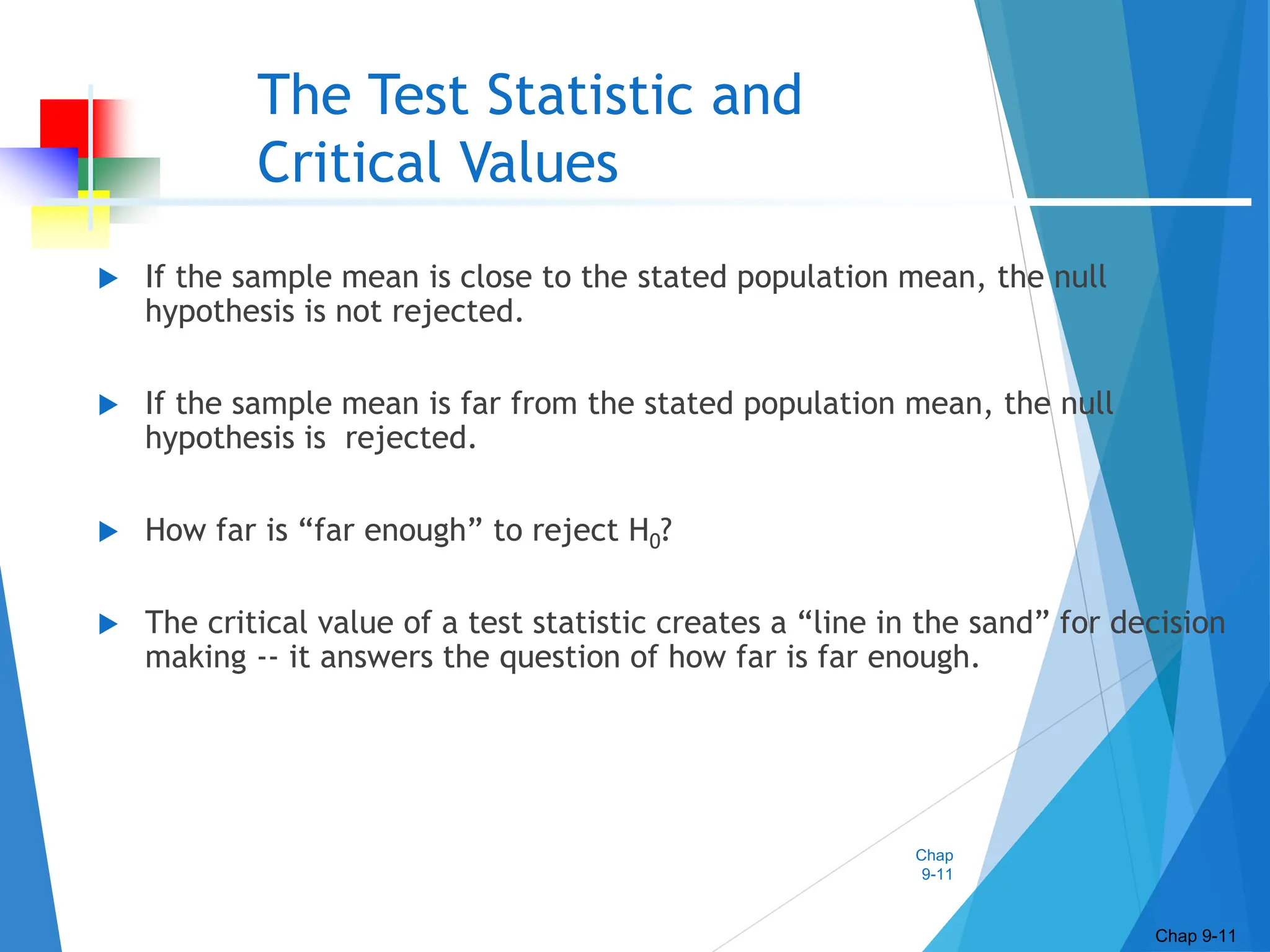 Chap
9-11
The Test Statistic and
Critical Values
 If the sample mean is close to the stated population mean, the null
hypothesis is not rejected.
 If the sample mean is far from the stated population mean, the null
hypothesis is rejected.
 How far is “far enough” to reject H0?
 The critical value of a test statistic creates a “line in the sand” for decision
making -- it answers the question of how far is far enough.
Chap 9-11
 
