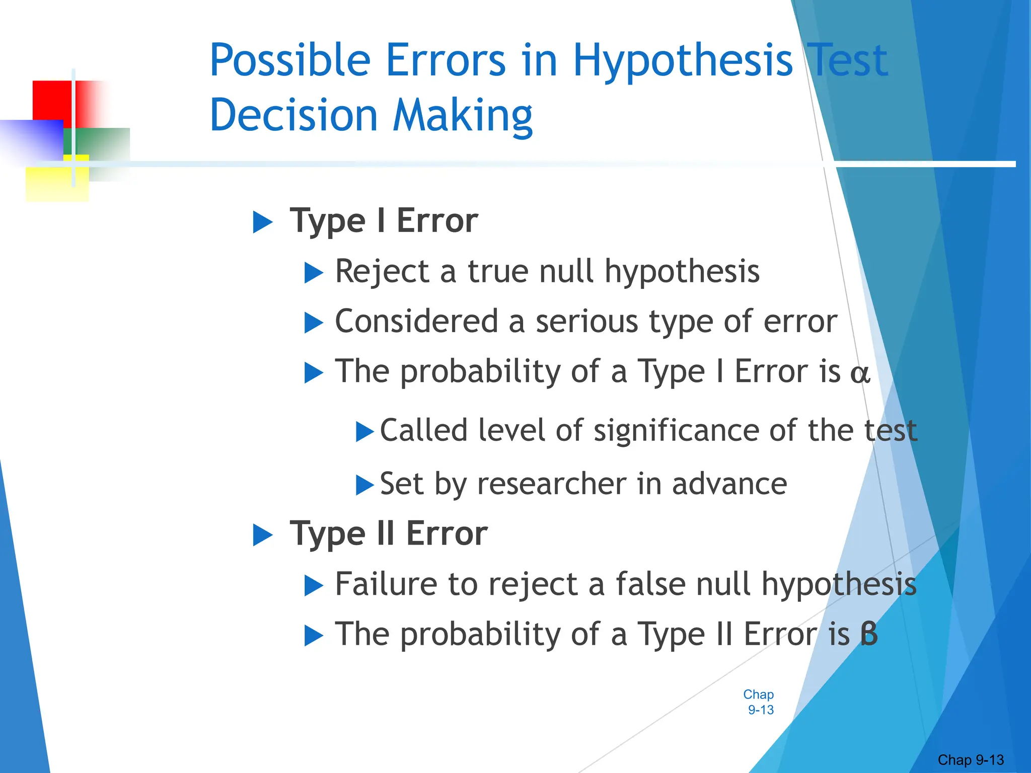 Chap
9-13
Possible Errors in Hypothesis Test
Decision Making
 Type I Error
 Reject a true null hypothesis
 Considered a serious type of error
 The probability of a Type I Error is 
Called level of significance of the test
Set by researcher in advance
 Type II Error
 Failure to reject a false null hypothesis
 The probability of a Type II Error is β
Chap 9-13
 