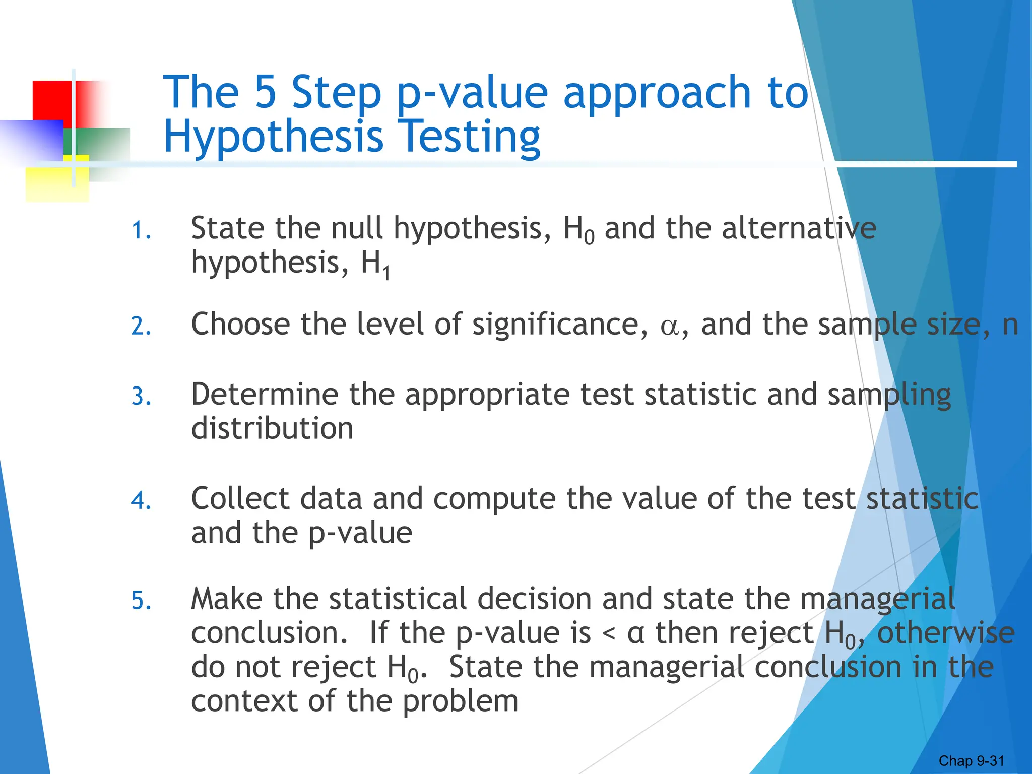 The 5 Step p-value approach to
Hypothesis Testing
1. State the null hypothesis, H0 and the alternative
hypothesis, H1
2. Choose the level of significance, , and the sample size, n
3. Determine the appropriate test statistic and sampling
distribution
4. Collect data and compute the value of the test statistic
and the p-value
5. Make the statistical decision and state the managerial
conclusion. If the p-value is < α then reject H0, otherwise
do not reject H0. State the managerial conclusion in the
context of the problem
Chap 9-31
 
