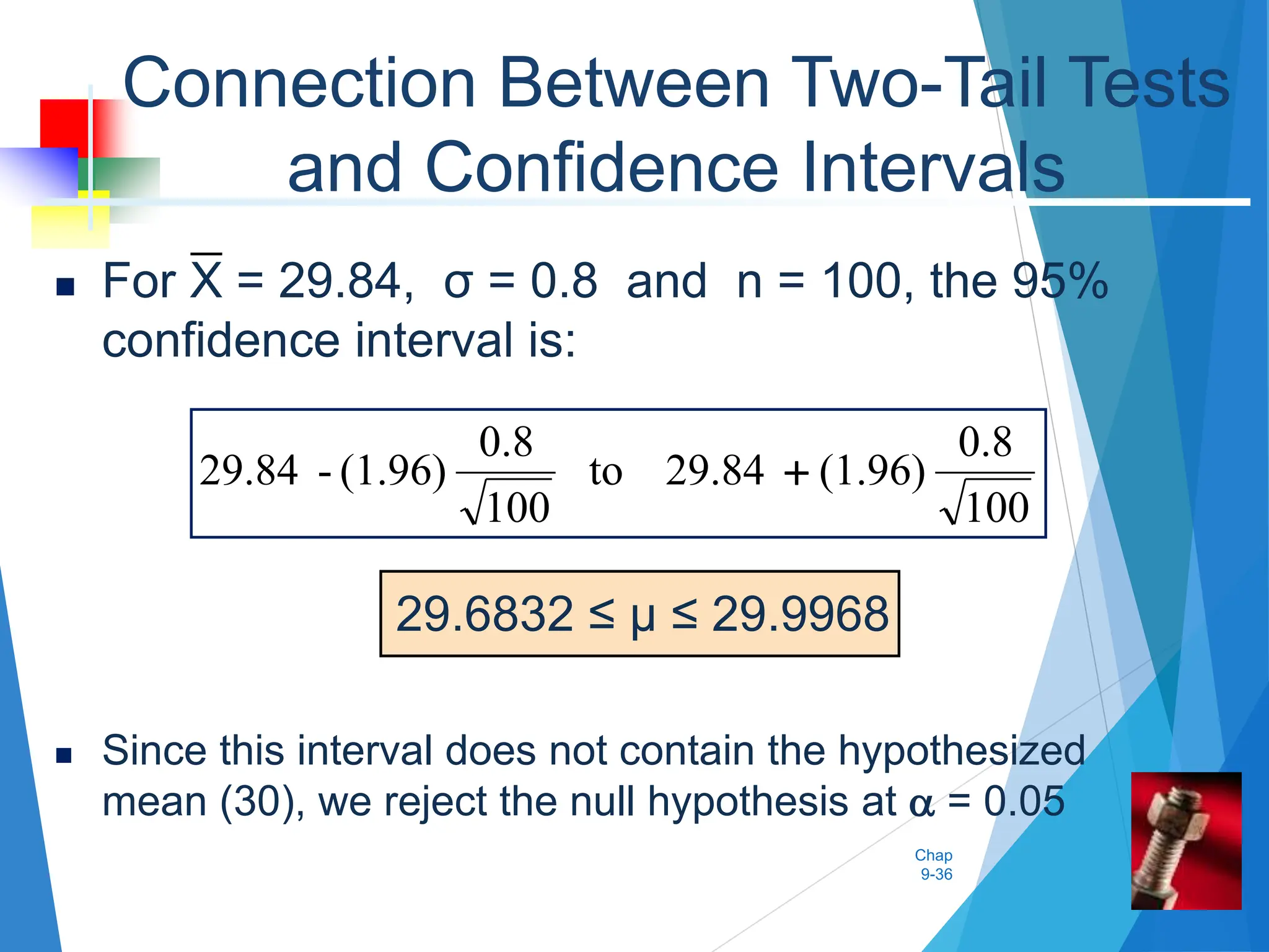 Chap
9-36
Connection Between Two-Tail Tests
and Confidence Intervals
 For X = 29.84, σ = 0.8 and n = 100, the 95%
confidence interval is:
29.6832 ≤ μ ≤ 29.9968
 Since this interval does not contain the hypothesized
mean (30), we reject the null hypothesis at  = 0.05
100
0.8
(1.96)
29.84
to
100
0.8
(1.96)
-
29.84 
 