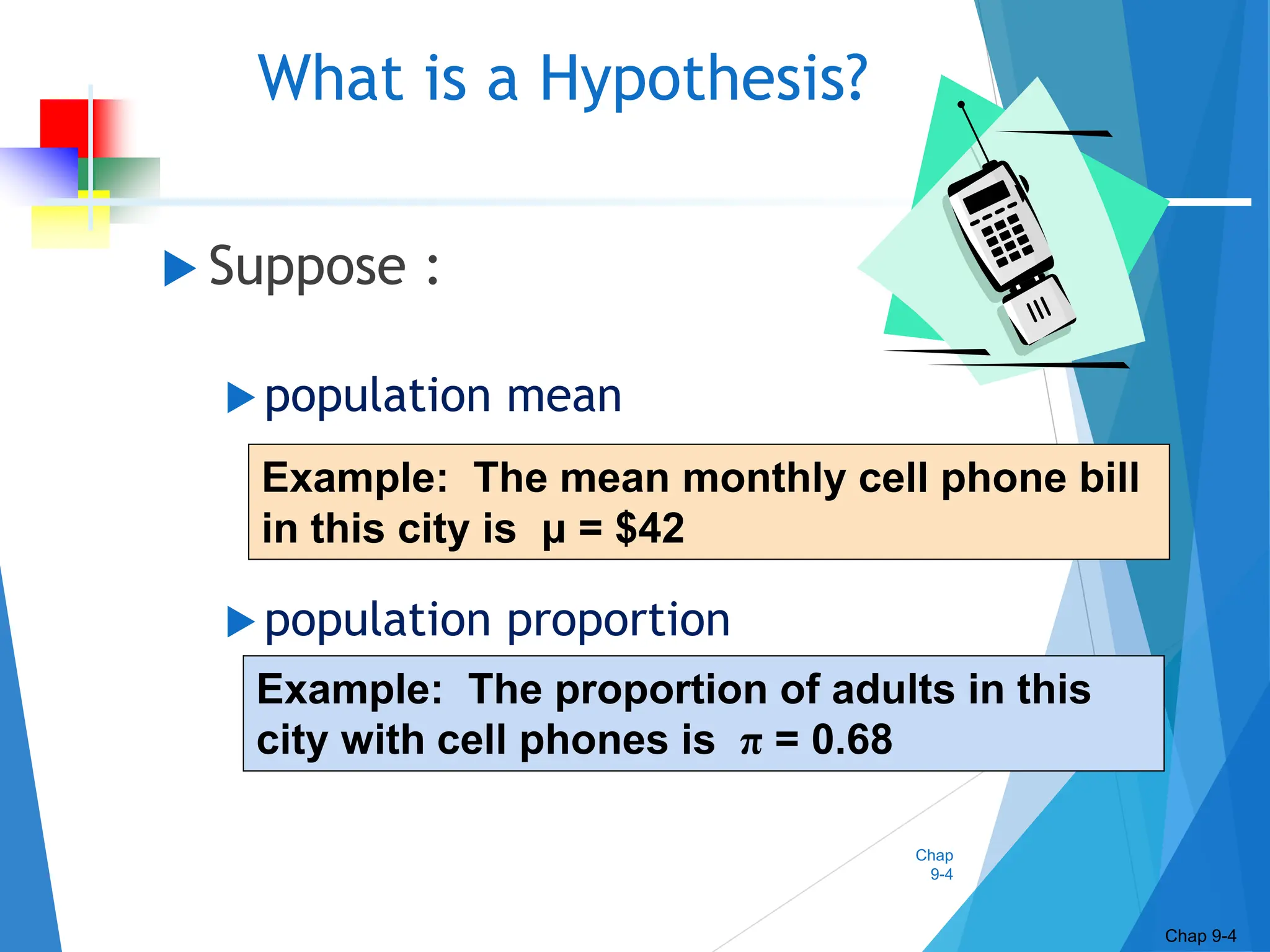 Chap
9-4
What is a Hypothesis?
 Suppose :
 population mean
 population proportion
Chap 9-4
Example: The mean monthly cell phone bill
in this city is μ = $42
Example: The proportion of adults in this
city with cell phones is π = 0.68
 