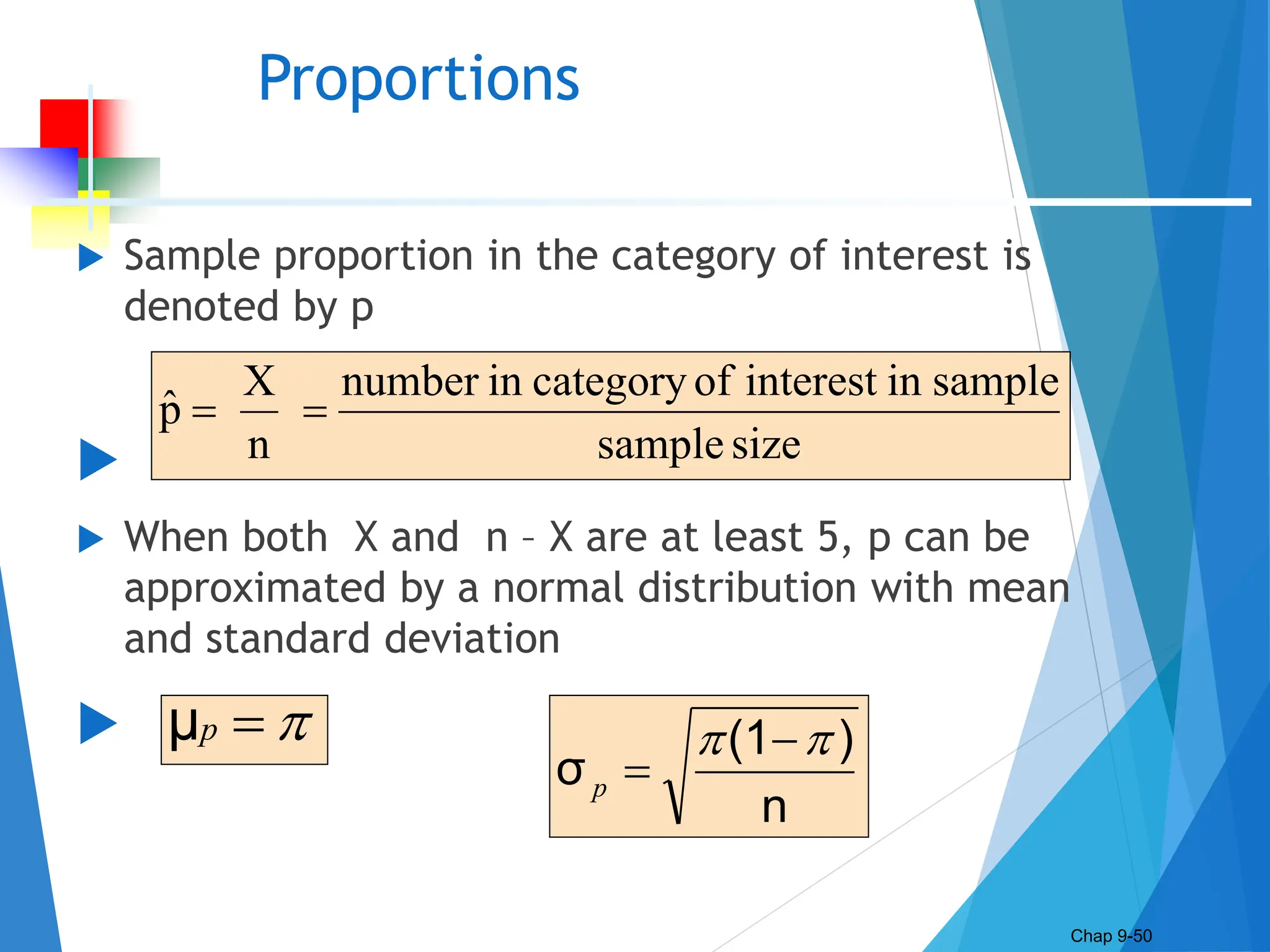 Proportions
 Sample proportion in the category of interest is
denoted by p

 When both X and n – X are at least 5, p can be
approximated by a normal distribution with mean
and standard deviation

Chap 9-50
size
sample
sample
in
interest
of
category
in
number
n
X
p̂ 



p
μ
n
)
(1
σ

 

p
 