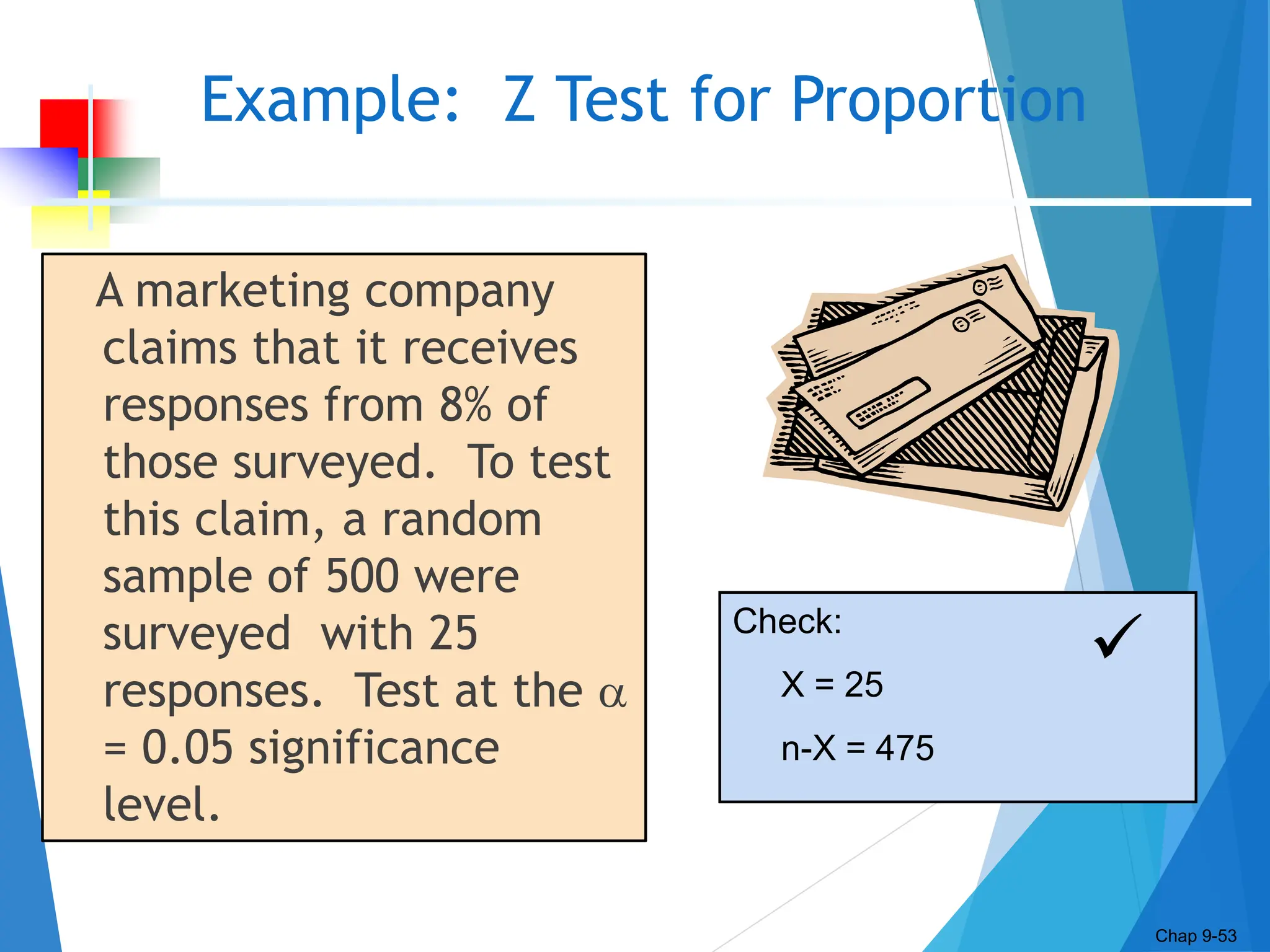 Example: Z Test for Proportion
A marketing company
claims that it receives
responses from 8% of
those surveyed. To test
this claim, a random
sample of 500 were
surveyed with 25
responses. Test at the 
= 0.05 significance
level.
Chap 9-53
Check:
X = 25
n-X = 475

 