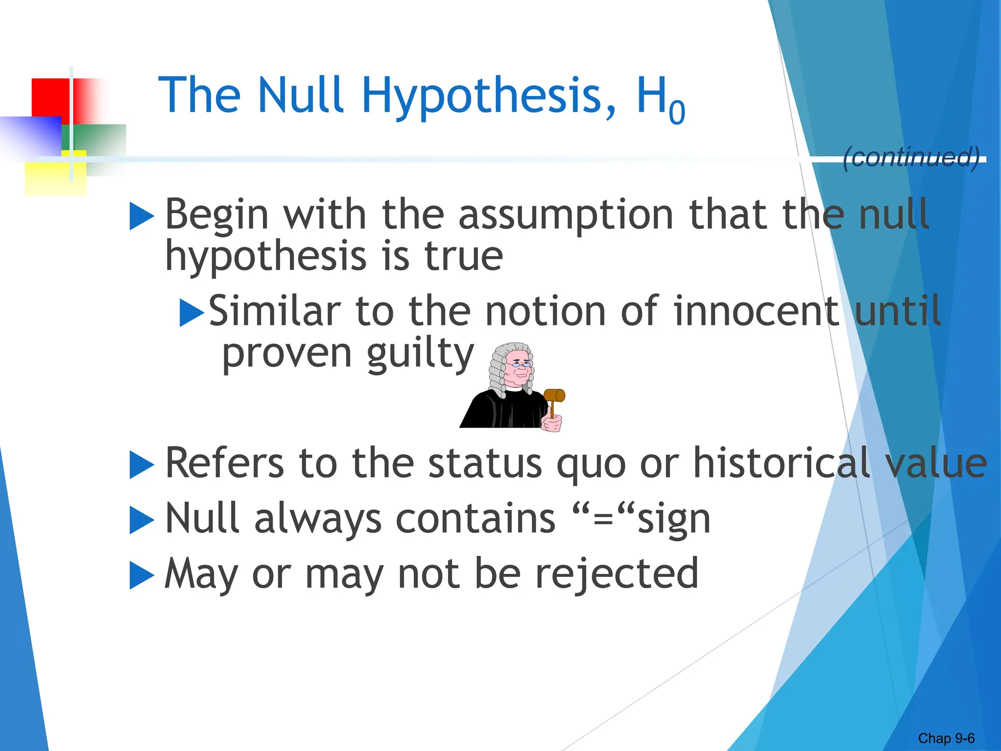 The Null Hypothesis, H0
 Begin with the assumption that the null
hypothesis is true
Similar to the notion of innocent until
proven guilty
 Refers to the status quo or historical value
 Null always contains “=“sign
 May or may not be rejected
Chap 9-6
(continued)
 