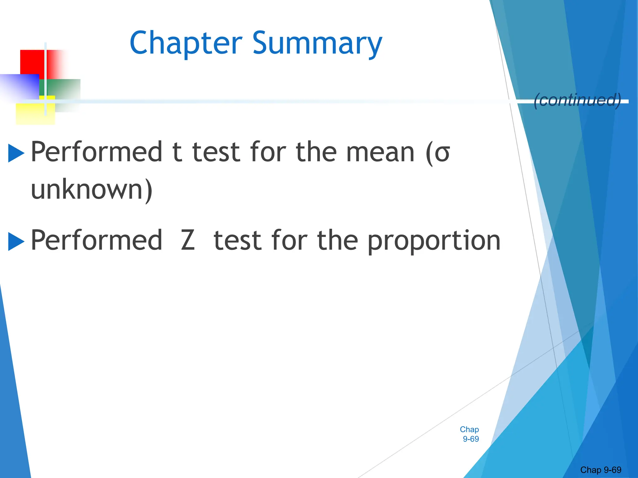 Chap
9-69
Chapter Summary
 Performed t test for the mean (σ
unknown)
 Performed Z test for the proportion
Chap 9-69
(continued)
 