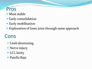 Pros
 Most stable
 Early consolidation
 Early mobilisation
 Exploration of knee joint through same approach
Cons
 Limb shortening
 Nerve injury
 LCL laxity
 Patella Baja
 