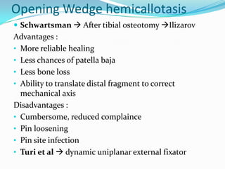 Opening Wedge hemicallotasis
 Schwartsman  After tibial osteotomy Ilizarov
Advantages :
• More reliable healing
• Less chances of patella baja
• Less bone loss
• Ability to translate distal fragment to correct
mechanical axis
Disadvantages :
• Cumbersome, reduced complaince
• Pin loosening
• Pin site infection
• Turi et al  dynamic uniplanar external fixator
 