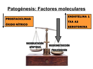 Patogénesis: Factores moleculares
VASOCONSTRICCIÓN
PROLIFERACIÓN
VASODILATACIÓN
APOPTOSIS
PROSTACICLINAS
ÓXIDO NÍTRICO
ENDOTELINA 1
TXA A2
SEROTONINA
 