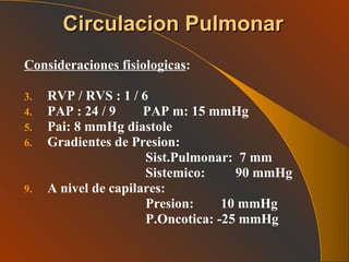 Circulacion Pulmonar Consideraciones fisiologicas : RVP / RVS : 1 / 6 PAP : 24 / 9  PAP m: 15 mmHg Pai: 8 mmHg diastole Gradientes de Presion:  Sist.Pulmonar:  7 mm Sistemico:  90 mmHg A nivel de capilares: Presion:  10 mmHg P.Oncotica: -25 mmHg 