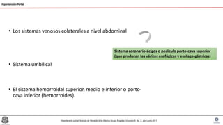 • Los sistemas venosos colaterales a nivel abdominal
• Sistema umbilical
• El sistema hemorroidal superior, medio e inferior o porto-
cava inferior (hemorroides).
Hipertensión Portal
Sistema coronario-ácigos o pedículo porto-cava superior
(que producen las várices esofágicas y esófago-gástricas)
Hipertensión portal, Articulo de Revisión Acta Médica Grupo Ángeles. Volumen 9, No. 2, abril-junio 2011
 