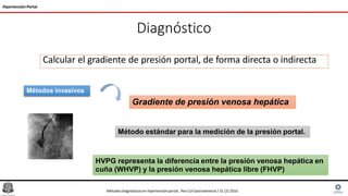 Diagnóstico
Calcular el gradiente de presión portal, de forma directa o indirecta
Hipertensión Portal
Métodos invasivos
Gradiente de presión venosa hepática
Método estándar para la medición de la presión portal.
HVPG representa la diferencia entre la presión venosa hepática en
cuña (WHVP) y la presión venosa hepática libre (FHVP)
Métodosdiagnósticosen hipertensiónportal , Rev Col Gastroenterol / 31 (2) 2016
 