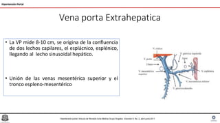 Vena porta Extrahepatica
• La VP mide 8-10 cm, se origina de la confluencia
de dos lechos capilares, el esplácnico, esplénico,
llegando al lecho sinusoidal hepático.
• Unión de las venas mesentérica superior y el
tronco espleno-mesentérico
Hipertensión Portal
Hipertensión portal, Articulo de Revisión Acta Médica Grupo Ángeles. Volumen 9, No. 2, abril-junio 2011
 