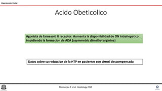 Acido Obeticolico
Hipertensión Portal
Agonista de farnesoid X receptor: Aumenta la disponibilidad de ON intrahepatico
impidiendo la formacion de ADA (asymmetric dimethyl arginine)
Mookerjee R et al. Heptology 2015
Datos sobre su reduccion de la HTP en pacientes con cirrosi descompensada
 