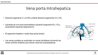 Vena porta Intrahepatica
Hipertensión Portal
• Derecha (segmento V y al VIII) y lateral derecha (segmentos VI y VII).
• Izquierda da una rama paramediana izquierda (segmento III y IV) y
ascendente izquierda (segmento II).
• El segmento hepático I recibe flujo portal directo
• Las ramas portales se subdividen en venas lobulillares formando las
venas centrolo bulillares que drenan hacia las suprahepáticas
Hipertensión portal, Articulo de Revisión Acta Médica Grupo Ángeles. Volumen 9, No. 2, abril-junio 2011
 