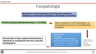 Fisiopatología
Hipertensión Portal
Mecanismo de autorregulación de la irrigación esplácnica
mediado por sustancias endoteliales, neuronales y humorales
• Oxido nítrico
• Glucagón
• Péptido intestinal vasoactivo,
• Factor de necrosis tumoral alfa,
• Productos de la cascada del AA
(leucotrienos y tromboxano A2)
Presión portal persistentemente mayor a 12 mmHg Altera la regulación del SN adrenérgico y se
incrementa la producción de vasodilatadores
endógenos
Incrementá el flujo espleno-meso-portal y
alterándo la modulación del tono vascular
intrahepático
Hipertensión portal, Articulo de Revisión Acta Médica Grupo Ángeles. Volumen 9, No. 2, abril-junio 2011
 