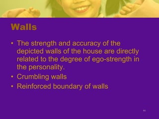 Walls The strength and accuracy of the depicted walls of the house are directly related to the degree of ego-strength in the personality. Crumbling walls  Reinforced boundary of walls 