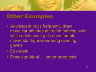 Other Examples Adolescent boys frequently draw muscular athletes attired in bathing suits, while adolescent girls draw female movie star figures wearing evening gowns Ego-ideal Draw ego-ideal … better prognosis. 