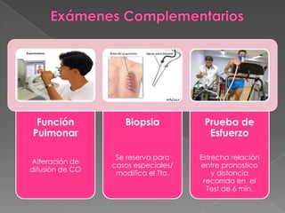 Función            Biopsia           Prueba de
Pulmonar                               Esfuerzo

                  Se reserva para    Estrecha relación
Alteración de
                 casos especiales/   entre pronostico
difusión de CO
                  modifica el Tto.       y distancia
                                      recorrida en el
                                       Test de 6 min.
 