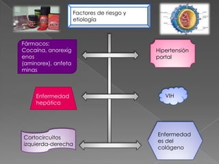 Factores de riesgo y
                     etiología



Fármacos:
Cocaína, anorexíg                           Hipertensión
enos                                        portal
(aminorex), anfeta
minas



     Enfermedad                                VIH
     hepática




                                            Enfermedad
Cortocircuitos
                                            es del
izquierda-derecha
                                            colágeno
 