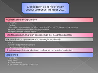 Clasificación de la hipertensión
                       arterial pulmonar (Venecia, 2003)



Hipertensión arterial pulmonar
 • Idiopática
 • Familiar
 • Asociada a enfermedades del tejido conectivo, HT portal, VIH, fármacos, toxinas , otros.
 • HTP con alteración significativa venosa y/o capilar
 • HTP persistente en el recién nacido

Hipertensión pulmonar con enfermedad del corazón izquierdo

HTP asociada a hipoxemia y/o patología respiratoria
 • EPOC
 • Enfermedad pulmonar intersticial
 • Hipoxia aguda o crónica

Hipertensión pulmonar debida a enfermedad trombo embolica

Miscelánea
 • Sarcoidosis
 • Histiositosis X
 • Linfangiomatosis
 • Compresión de los vasos pulmonares
 