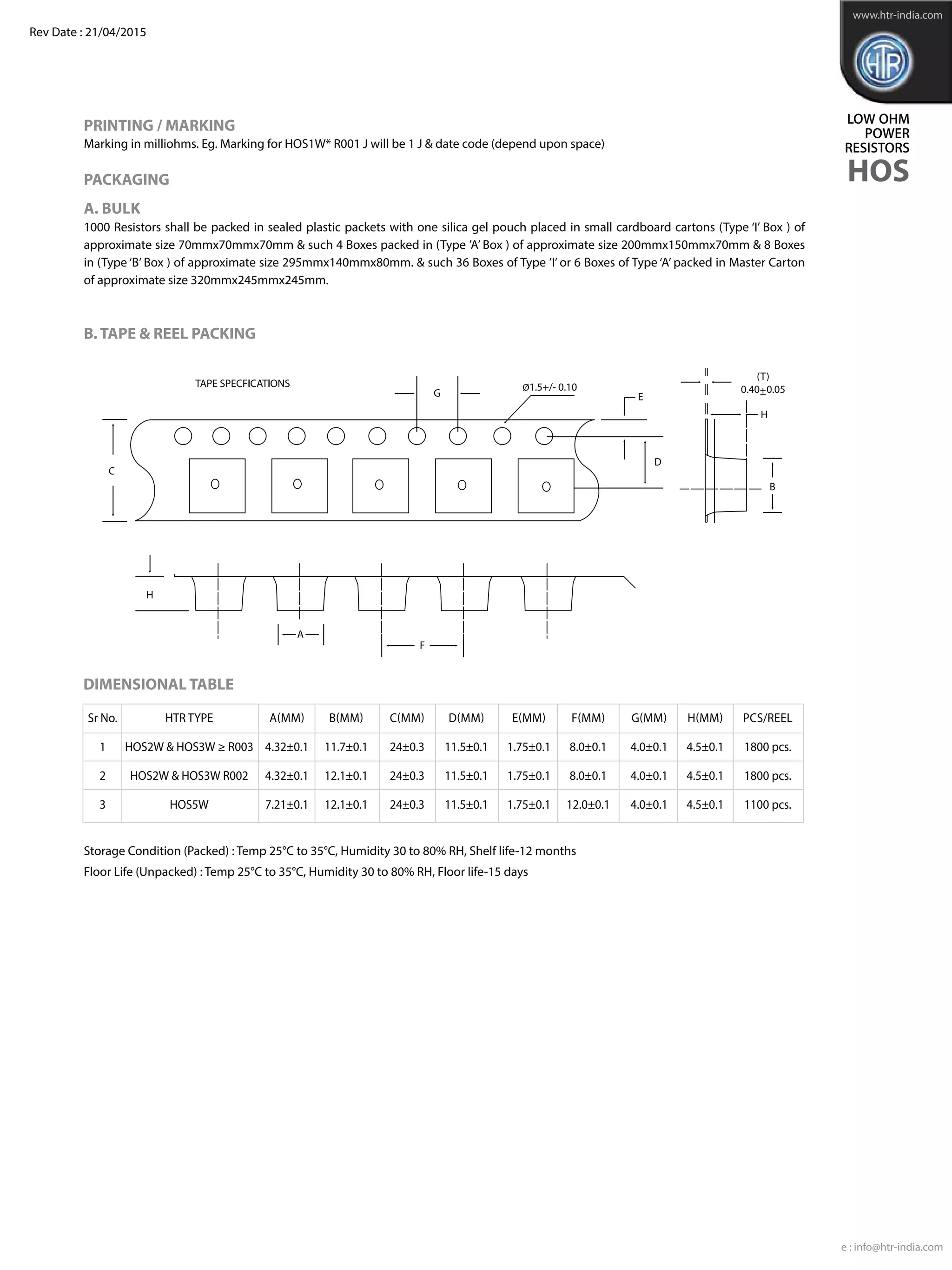 e : info@htr-india.com
www.htr-india.com
ELECTRICAL AND ENVIRONMENTAL CHARACTERISTICS
Power Rating (Rated Ambient Temperature )	 Full power dissipation at 70° C and linearly
	 de-rated to zero at + 225° C
Insulation	 Not Insulated
Resistance Tolerance 	 ± 5% (Available up to ± 1%)
Inductance	 < 10 nH
Operating Temperature Range	 - 55° C to +160° C
Voltage Rating / Limiting Voltage / Max. Working Voltage	 P x R
subject to max. terminal temperature + 120° C	
	 For – HOS2W & HOS3W
	 240ppm – For Resistance value < R004.
	 40ppm – For Resistance value R004 to R015
	 40ppm – For Resistance value > R015.
Temperature Co-efficient of Resistance	 For – HOS5W
[Measured from 0°C to +125°C]	 240ppm – For Resistance value < R002.
	 40ppm – For Resistance value R002 to R007.
	 40ppm – For Resistance value > R007.
Thermal Shock 	 ∆R ± [ 0.75 ] – Average
	 For – HOS2W  HOS3W
	 ∆R ± [  1.0 % ] – For Resistance value  R004.
	 ∆R ± [  1.0 % ] – For Resistance value R004 to R015.
Temperature Cycling	 ∆R ± [  0.75 % ] – For Resistance value  R015.
[Room temperature -55°C Room temperature 125°C	 For – HOS5W
Room temperature for 5 cycles]	 ∆R ± [  1.0 % ] – For Resistance value  R002.
	 ∆R ± [  1.0 % ] – For Resistance value R002 to R007.
	 ∆R ± [  0.75 % ] – For Resistance value  R007.
	 For – HOS2W  HOS3W
	 ∆R ± [  1.75 % ] – For Resistance value  R004.
	 ∆R ± [  0.5 % ] – For Resistance value R004 to R015.
	 ∆R ± [  1.0 % ] – For Resistance value  R015.
High Temp. Exposure ( 125°C- For 2 Hrs.)	 For – HOS5W
	 ∆R ± [  1.75 % ] – For Resistance value  R002.
	 ∆R ± [  0.5 % ] – For Resistance value R002 to R007.
	 ∆R ± [  1.0 % ] – For Resistance value  R007.
Damp Heat ( Steady State )	 ∆R ± [ 0.5 % ] – Average
( 40°C at 93 % R.H. for 1000 Hrs. – no load applied )	
	 For – HOS2W  HOS3W
	 ∆R ± [  2.0 % ] – For Resistance value  R004.
	 ∆R ± [  1.0 % ] – For Resistance value R004 to R015.
Endurance – Load Life	 ∆R ± [  1.0 % ] – For Resistance value  R015.
[ 70°C with limiting voltage – 	 For – HOS5W
with temperature limitation on terminal kept at 120°C	 ∆R ± [  2.0 % ] – For Resistance value  R002.
1.5 hours on / 0.5 hours off for 1000 hours]	 ∆R ± [  1.0 % ] – For Resistance value R002 to R007.
	 ∆R ± [  1.0 % ] – For Resistance value  R007.
Bias Humidity [+85° C, 85% RH, 1000h]	 ∆R ± 0.5% -Typical
Mechanical Shock [100 g. 6 ms half sine]	 ∆R ± 0.5% -Typical
Vibration, High Frequency [20 g. 10-2000 Hz]	 ∆R ± 0.5% -Typical
LowTemperature Storage and Operation [-65° C for 24 h]	 ∆R ± 0.2% -Typical
Moisture Resistance [MIL-STD-202 method106]	 ∆R ± 0.2% -Typical
PARAMETER / PERFORMANCE TEST  TEST METHOD 	 PERFORMANCE REQUIREMENTS
HOT SPOT TEMPERATURE RISE (IN STILL AIR) - 	
From 180 °C to 280 °C at 100% power depending on the resistance value, pad and PCB thickness. Due to the nature of it’s construc-
tion, the HOS resistor keeps the hot spot from a thermal point of view from the solder joints and reduces the possibility of transfer
of high temperature on to the PCB in contrast to the flat chip format.
SOLDER JOINT TEMPERATURE RISE (IN STILL AIR) - 	
From 60 °C to 85 °C at 100% power depending upon resistance value, pad and PCB thickness.
CONSTRUCTION :
The copper terminals are electron beam welded to the requisite alloy strip and then formed. Value variations are possible by varia-
tions of width without traditional abrasion / notch trimming.
Rev Date : 28/06/2017
LOW OHM
POWER
RESISTORS
HOS
Size 4512
 