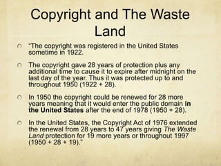 The Waste LandT.S. Eliot, by Wyndham Lewis, 1938Original publication of the poem: 1922, in The Dial (an American literary magazine