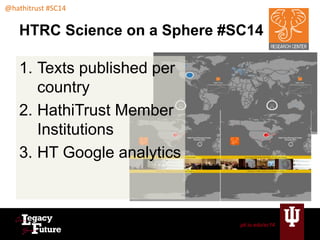 pti.iu.edu/sc14 
@hathitrust #SC14 
HTRC Science on a Sphere #SC14 
1. Texts published per 
country 
2. HathiTrust Member 
Institutions 
3. HT Google analytics 
 