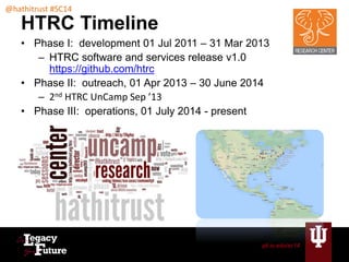 pti.iu.edu/sc14 
@hathitrust #SC14 
HTRC Timeline 
• Phase I: development 01 Jul 2011 – 31 Mar 2013 
– HTRC software and s...