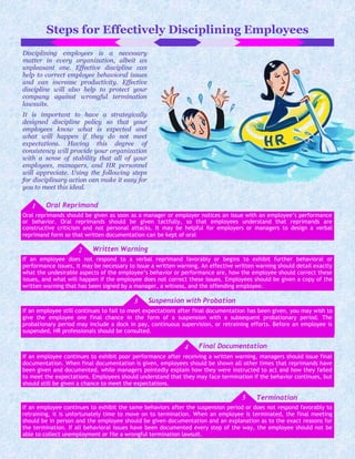 Steps for Effectively Disciplining Employees
Oral reprimands should be given as soon as a manager or employer notices an issue with an employee’s performance
or behavior. Oral reprimands should be given tactfully, so that employees understand that reprimands are
constructive criticism and not personal attacks. It may be helpful for employers or managers to design a verbal
reprimand form so that written documentation can be kept of oral
If an employee does not respond to a verbal reprimand favorably or begins to exhibit further behavioral or
performance issues, it may be necessary to issue a written warning. An effective written warning should detail exactly
what the undesirable aspects of the employee’s behavior or performance are, how the employee should correct these
issues, and what will happen if the employee does not correct these issues. Employees should be given a copy of the
written warning that has been signed by a manager, a witness, and the offending employee.
If an employee still continues to fail to meet expectations after final documentation has been given, you may wish to
give the employee one final chance in the form of a suspension with a subsequent probationary period. The
probationary period may include a dock in pay, continuous supervision, or retraining efforts. Before an employee is
suspended, HR professionals should be consulted.
1 Oral Reprimand
2 Written Warning
3 Suspension with Probation
4 Final Documentation
If an employee continues to exhibit poor performance after receiving a written warning, managers should issue final
documentation. When final documentation is given, employees should be shown all other times that reprimands have
been given and documented, while managers pointedly explain how they were instructed to act and how they failed
to meet the expectations. Employees should understand that they may face termination if the behavior continues, but
should still be given a chance to meet the expectations.
5 Termination
If an employee continues to exhibit the same behaviors after the suspension period or does not respond favorably to
retraining, it is unfortunately time to move on to termination. When an employee is terminated, the final meeting
should be in person and the employee should be given documentation and an explanation as to the exact reasons for
the termination. If all behavioral issues have been documented every step of the way, the employee should not be
able to collect unemployment or file a wrongful termination lawsuit.
Disciplining employees is a necessary
matter in every organization, albeit an
unpleasant one. Effective discipline can
help to correct employee behavioral issues
and can increase productivity. Effective
discipline will also help to protect your
company against wrongful termination
lawsuits.
It is important to have a strategically
designed discipline policy so that your
employees know what is expected and
what will happen if they do not meet
expectations. Having this degree of
consistency will provide your organization
with a sense of stability that all of your
employees, managers, and HR personnel
will appreciate. Using the following steps
for disciplinary action can make it easy for
you to meet this ideal.
 