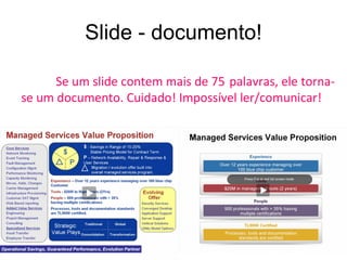 Slide - documento! Se um slide contem mais de 75 palavras, ele torna-se um documento. Cuidado! Impossível ler/comunicar!