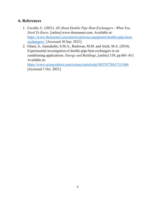 9
6. References
1. Cavallo, C. (2021). All About Double Pipe Heat Exchangers - What You
Need To Know. [online] www.thomasnet.com. Available at:
https://www.thomasnet.com/articles/process-equipment/double-pipe-heat-
exchangers/. [Accessed 30 Sep. 2021].
2. Ghani, S., Gamaledin, S.M.A., Rashwan, M.M. and Atieh, M.A. (2018).
Experimental investigation of double-pipe heat exchangers in air
conditioning applications. Energy and Buildings, [online] 158, pp.801–811.
Available at:
https://www.sciencedirect.com/science/article/pii/S0378778817311866
[Accessed 1 Oct. 2021].
 