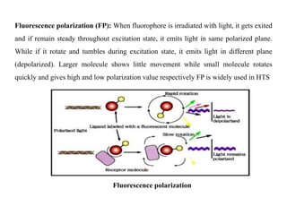 Fluorescence polarization (FP): When fluorophore is irradiated with light, it gets exited
and if remain steady throughout excitation state, it emits light in same polarized plane.
While if it rotate and tumbles during excitation state, it emits light in different plane
(depolarized). Larger molecule shows little movement while small molecule rotates
quickly and gives high and low polarization value respectively FP is widely used in HTS
Fluorescence polarization
 