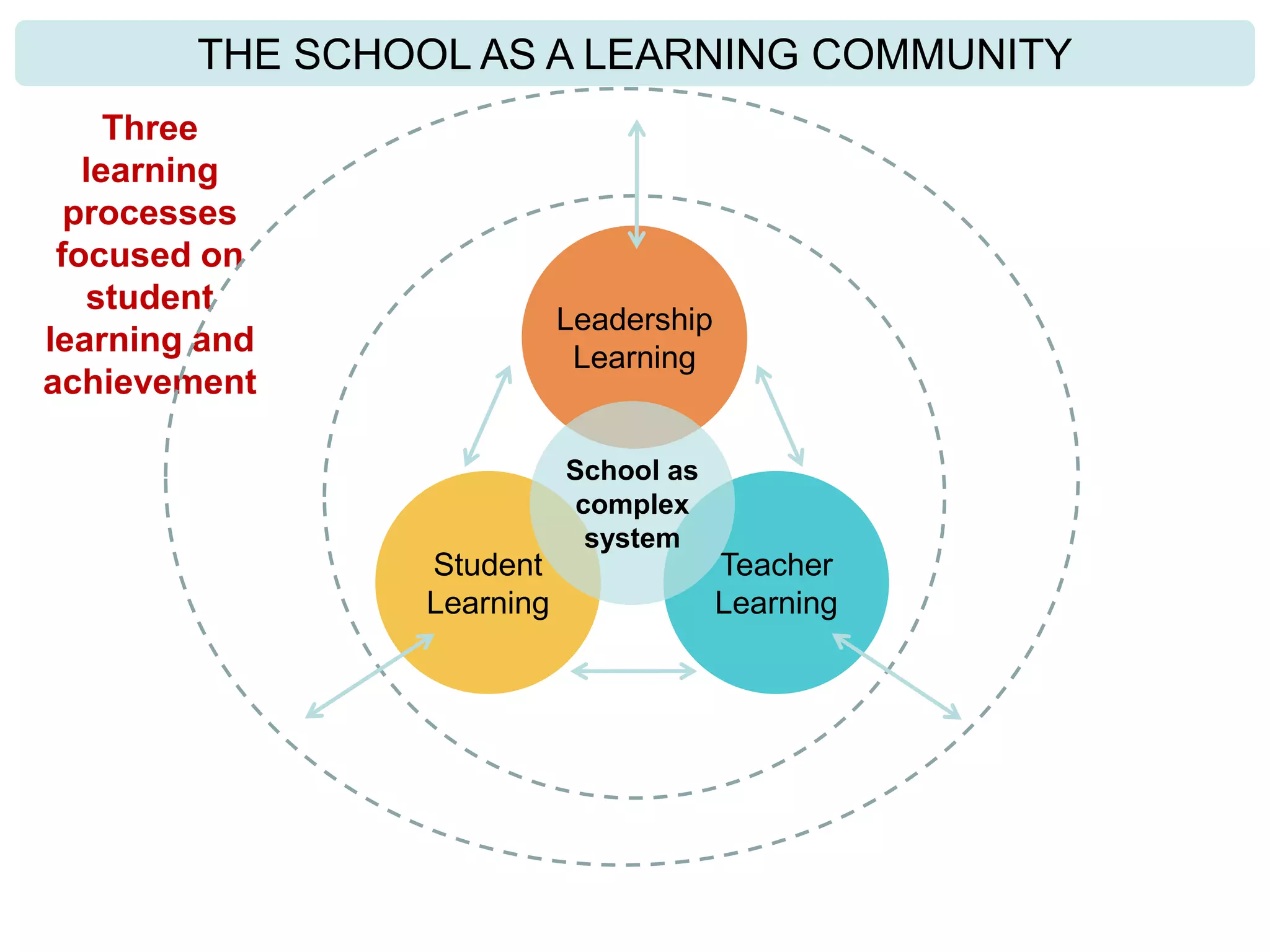 THE SCHOOL AS A LEARNING COMMUNITY
Leadership
Learning
Teacher
Learning
Student
Learning
School as
complex
system
Three
learning
processes
focused on
student
learning and
achievement
 