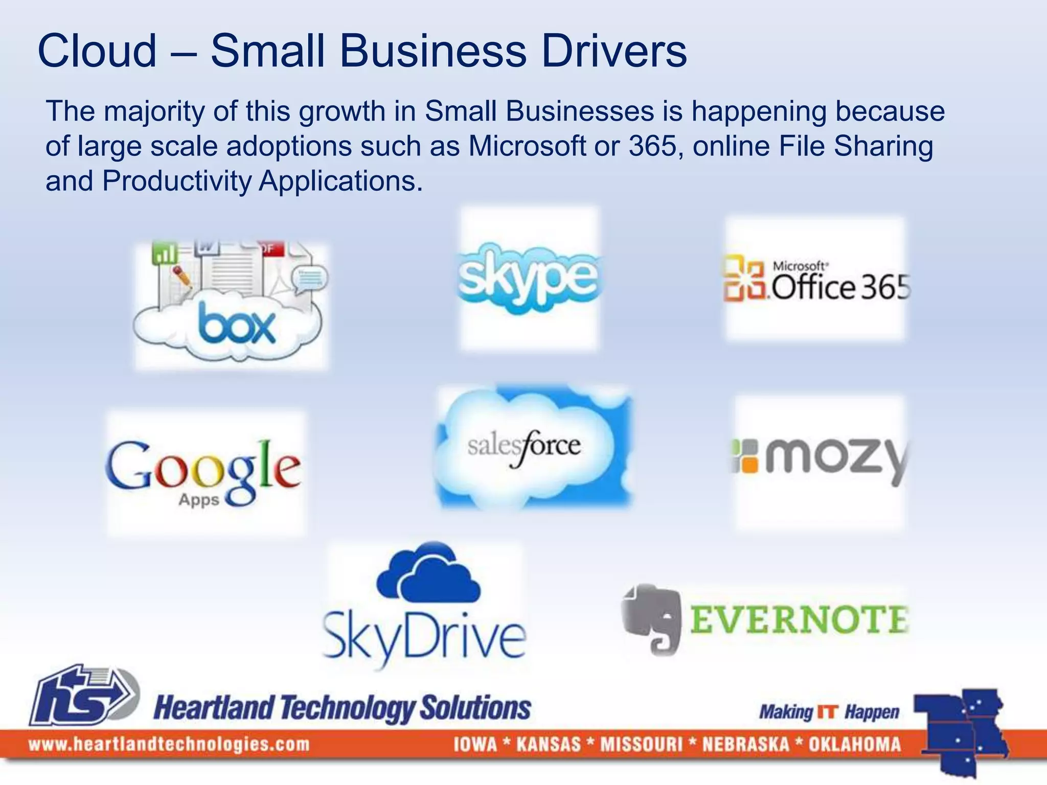 Cloud – Small Business Drivers 
The majority of this growth in Small Businesses is happening because 
of large scale adoptions such as Microsoft or 365, online File Sharing 
and Productivity Applications. 
 