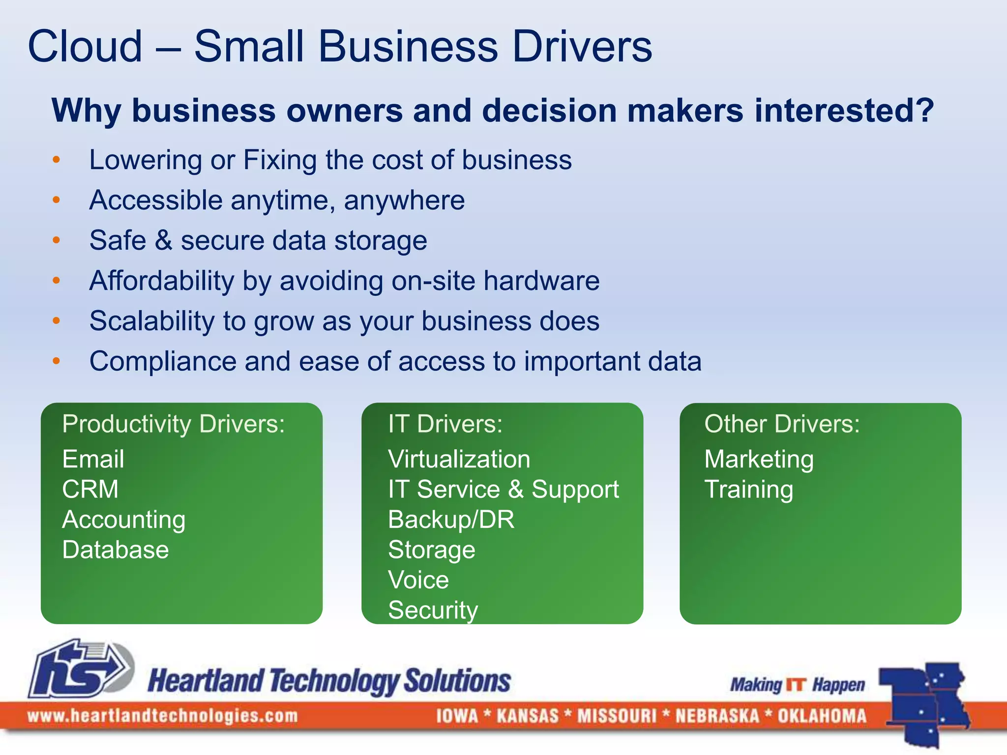 Cloud – Small Business Drivers 
Why business owners and decision makers interested? 
• Lowering or Fixing the cost of business 
• Accessible anytime, anywhere 
• Safe & secure data storage 
• Affordability by avoiding on-site hardware 
• Scalability to grow as your business does 
• Compliance and ease of access to important data 
Productivity Drivers: 
Email 
CRM 
Accounting 
Database 
IT Drivers: 
Virtualization 
IT Service & Support 
Backup/DR 
Storage 
Voice 
Security 
Other Drivers: 
Marketing 
Training 
 