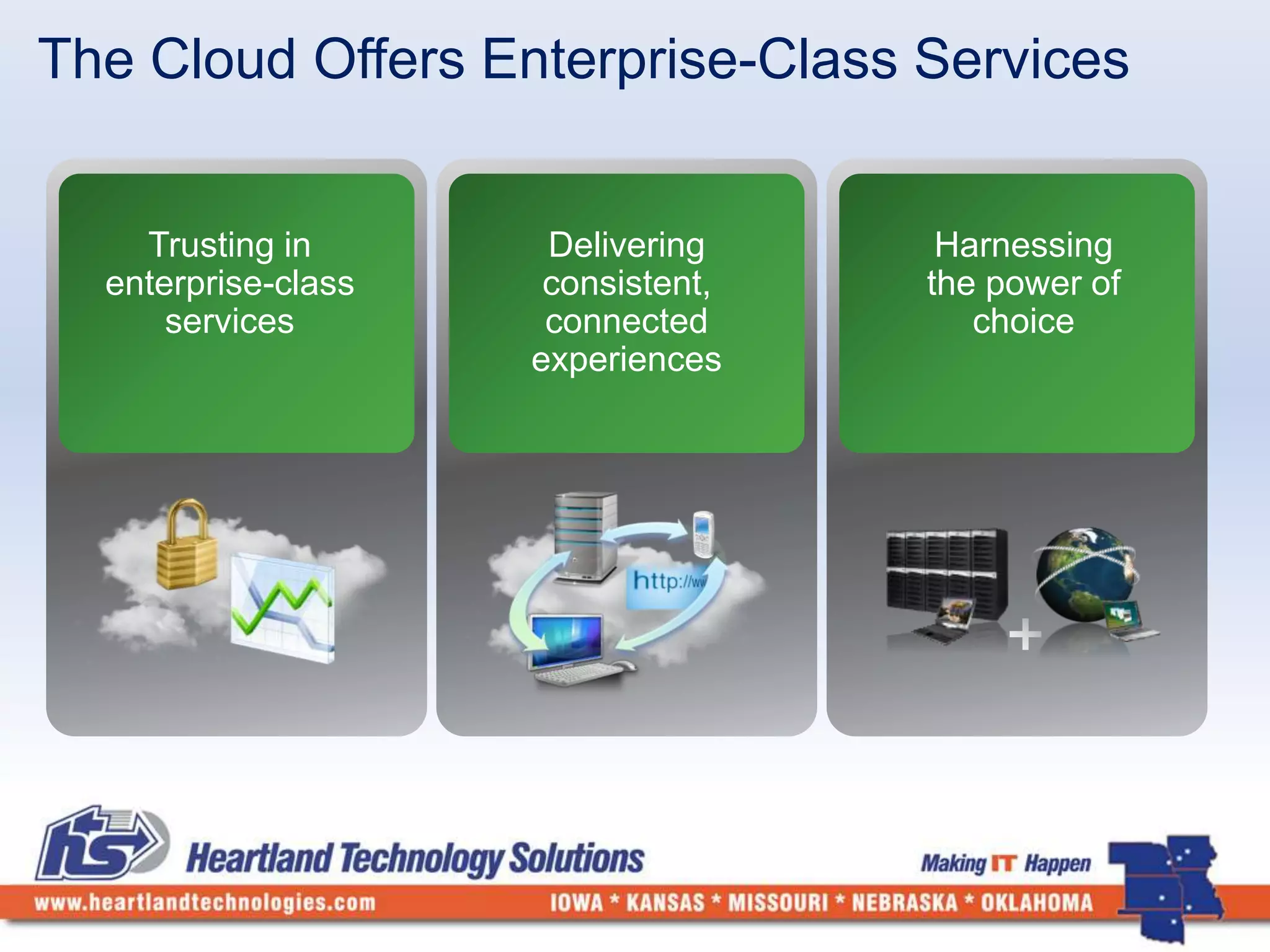 The Cloud Offers Enterprise-Class Services 
Delivering 
consistent, 
connected 
experiences 
Harnessing 
the power of 
choice 
Trusting in 
enterprise-class 
services 
 