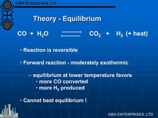 Theory - Equilibrium
CO + H2O CO2 + H2 (+ heat)
• Reaction is reversible
• Forward reaction - moderately exothermic
– equilibrium at lower temperature favors
• more CO converted
• more H2 produced
• Cannot beat equilibrium !
 