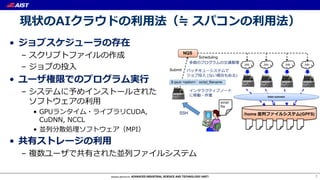 現状のAIクラウドの利⽤法（≒ スパコンの利⽤法）
• ジョブスケジューラの存在
– スクリプトファイルの作成
– ジョブの投⼊
• ユーザ権限でのプログラム実⾏
– システムに予めインストールされた
ソフトウェアの利⽤
• GPUランタイム・ライブラリCUDA,
CuDNN, NCCL
• 並列分散処理ソフトウェア（MPI）
• 共有ストレージの利⽤
– 複数ユーザで共有された並列ファイルシステム
7
/home (GPFS)
Job Job Job Job
NQS
Submit
Scheduling
script
file
$ qsub <option> script_filename
inter-connect
SSH
( )
 