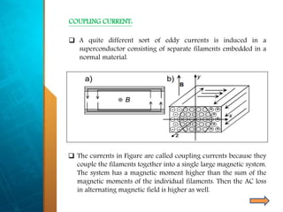 COUPLING CURRENT:
 A quite different sort of eddy currents is induced in a
superconductor consisting of separate filaments embedded in a
normal material.
 The currents in Figure are called coupling currents because they
couple the filaments together into a single large magnetic system.
The system has a magnetic moment higher than the sum of the
magnetic moments of the individual filaments. Then the AC loss
in alternating magnetic field is higher as well.
 