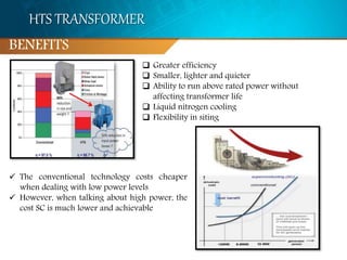 HTS TRANSFORMER
 Greater efficiency
 Smaller, lighter and quieter
 Ability to run above rated power without
affecting transformer life
 Liquid nitrogen cooling
 Flexibility in siting
BENEFITS
 The conventional technology costs cheaper
when dealing with low power levels
 However, when talking about high power, the
cost SC is much lower and achievable
 