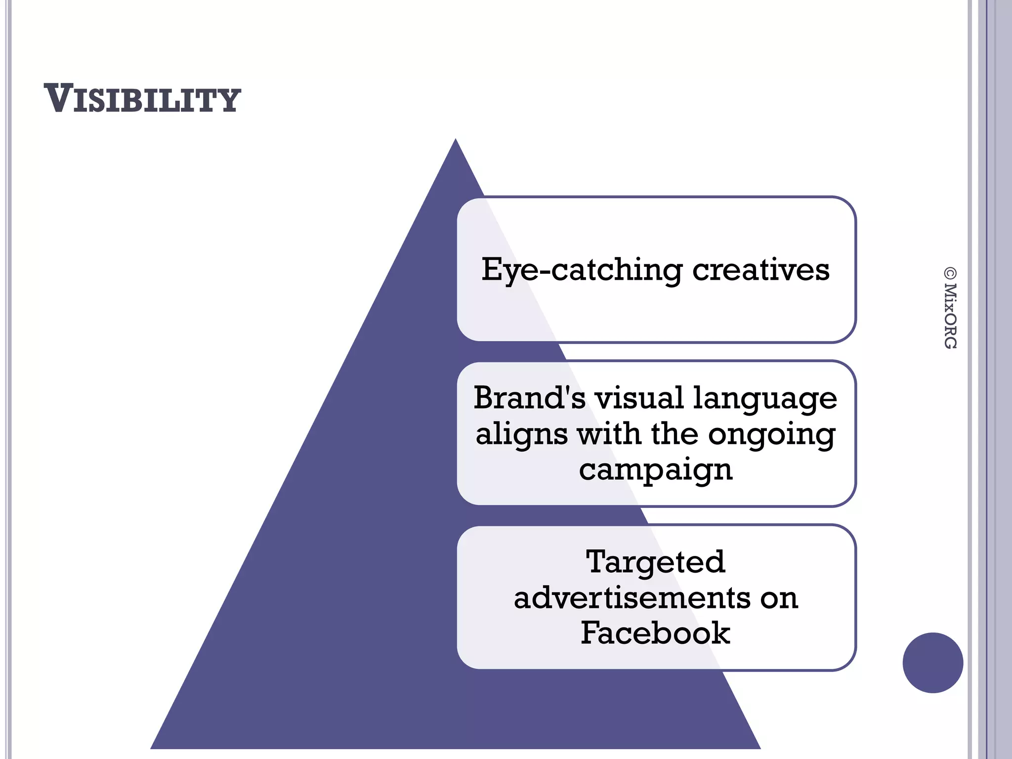 VISIBILITY


             Eye-catching creatives




                                       © MixORG
             Brand's visual language
             aligns with the ongoing
                    campaign

                   Targeted
               advertisements on
                   Facebook
 