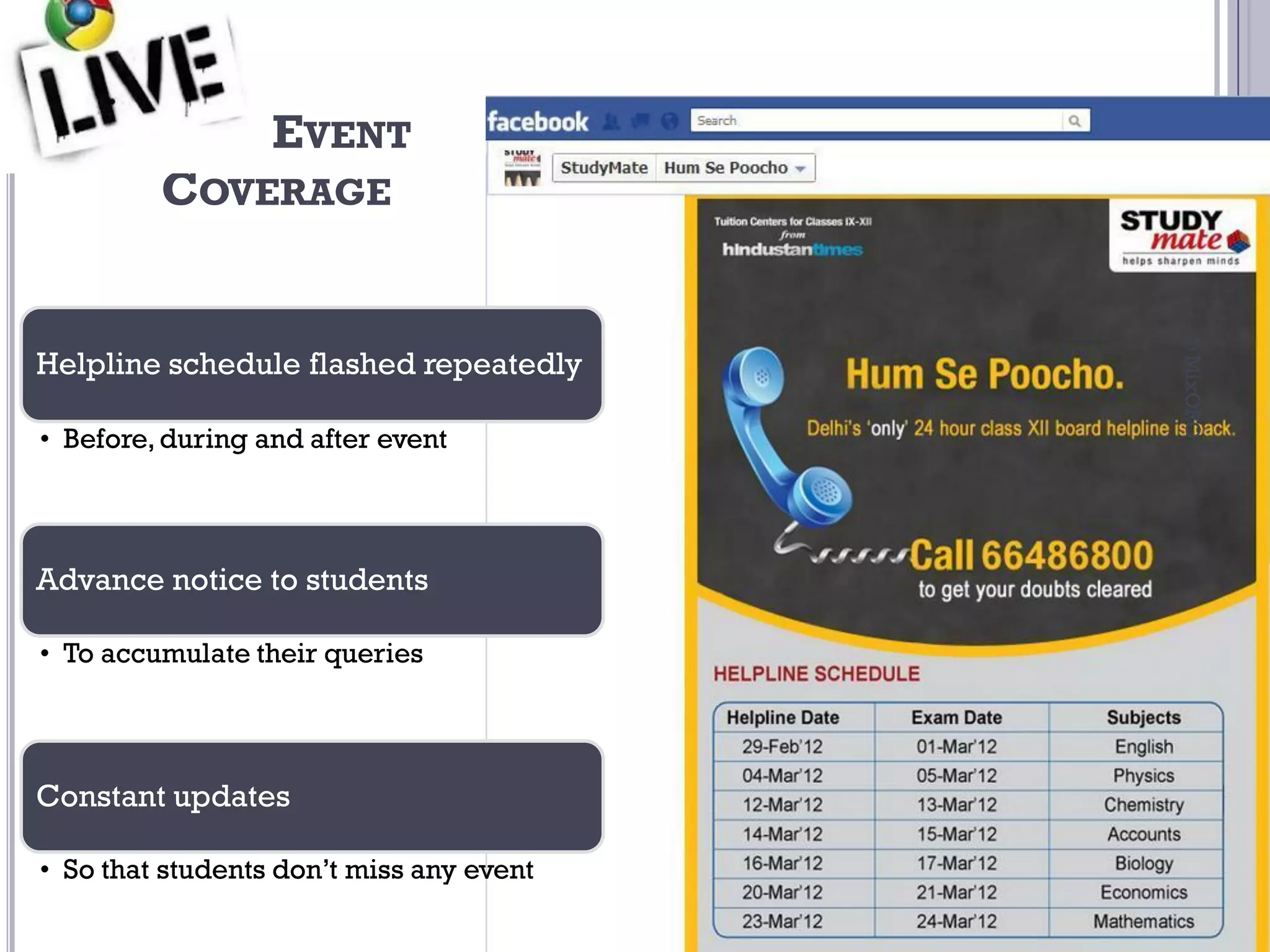 LIVE EVENT
         COVERAGE




                                          © MixORG
Helpline schedule flashed repeatedly

• Before, during and after event




Advance notice to students

• To accumulate their queries




Constant updates

• So that students don’t miss any event
 
