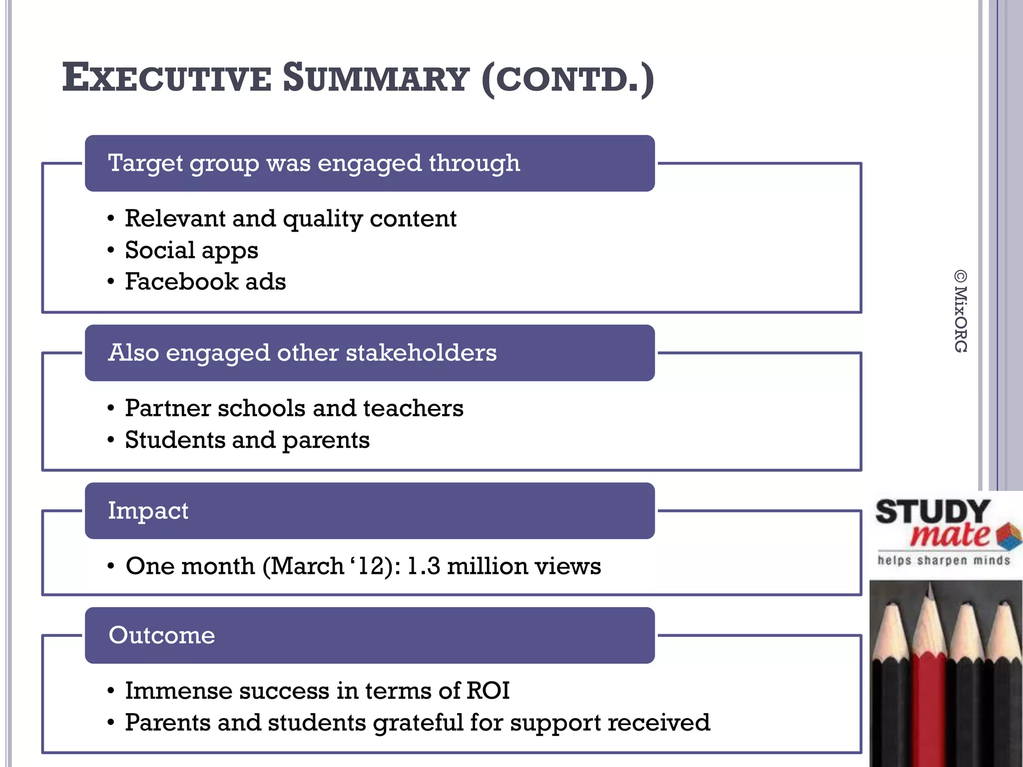 EXECUTIVE SUMMARY (CONTD.)
  Target group was engaged through

 • Relevant and quality content
 • Social apps
 • Facebook ads




                                                        © MixORG
  Also engaged other stakeholders

 • Partner schools and teachers
 • Students and parents

  Impact

 • One month (March ‘12): 1.3 million views

  Outcome

 • Immense success in terms of ROI
 • Parents and students grateful for support received
 