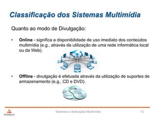Classificação dos Sistemas Multimídia
Quanto ao modo de Divulgação:
• Online - significa a disponibilidade de uso imediato dos conteúdos
multimídia (e.g., através da utilização de uma rede informática local
ou da Web).
• Offline - divulgação é efetuada através da utilização de suportes de
armazenamento (e.g., CD e DVD).
Sistemas e Aplicações Multimídia 12
 