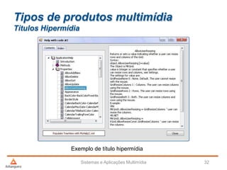 Tipos de produtos multimídia
Títulos Hipermídia
Sistemas e Aplicações Multimídia 32
Exemplo de título hipermídia
 
