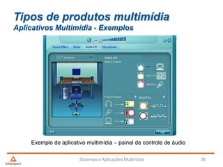 Tipos de produtos multimídia
Aplicativos Multimídia - Exemplos
Sistemas e Aplicações Multimídia 38
Exemplo de aplicativo multimídia – painel de controle de áudio
 