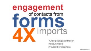 #INBOUND16
engagement
imports
forms
#unsurprisingstatoftheday4X
of contacts from
#inboundworks
#youcantbuyhappiness
 