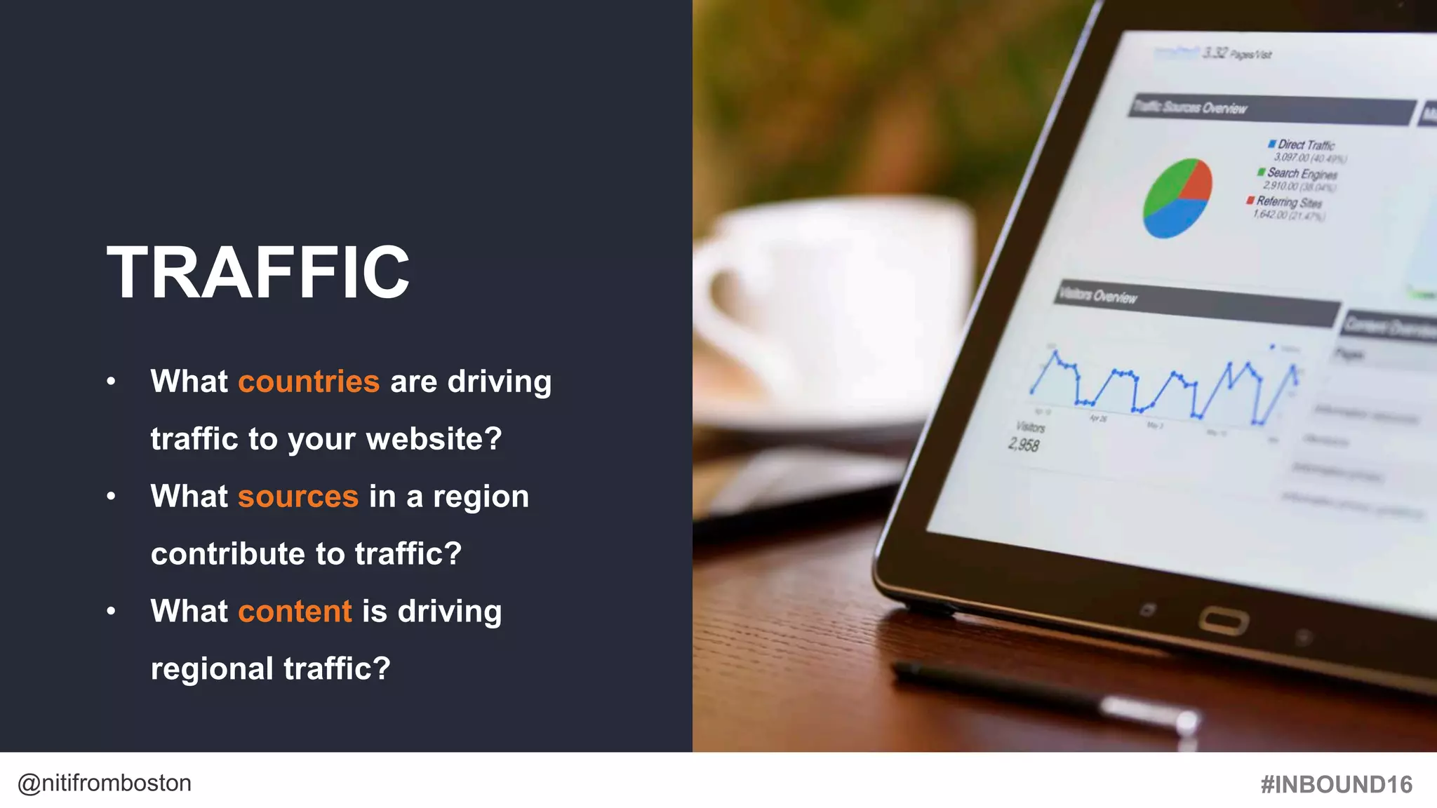 #INBOUND16@nitifromboston
TRAFFIC
• What countries are driving
traffic to your website?
• What sources in a region
contribute to traffic?
• What content is driving
regional traffic?
 