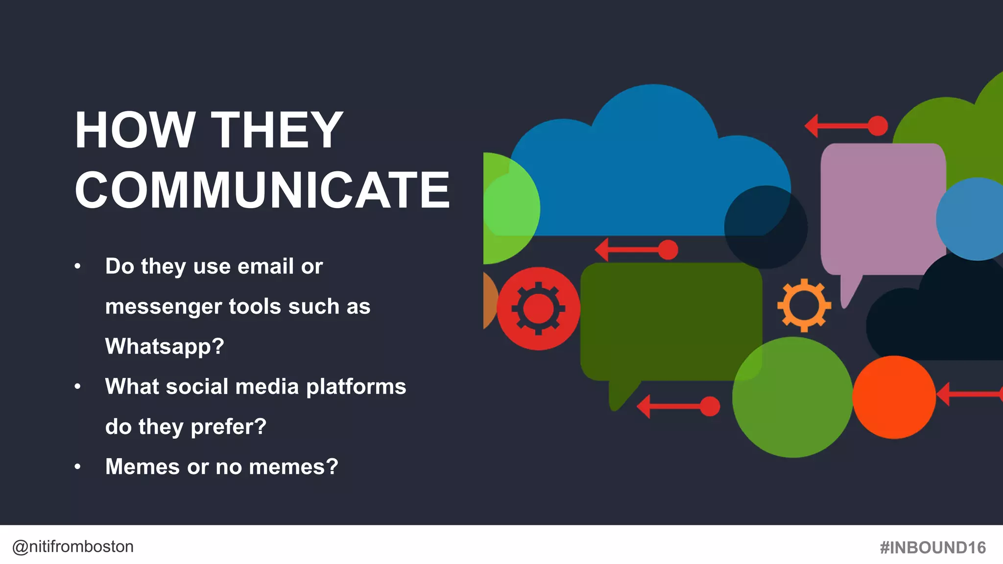 #INBOUND16@nitifromboston
HOW THEY
COMMUNICATE
• Do they use email or
messenger tools such as
Whatsapp?
• What social media platforms
do they prefer?
• Memes or no memes?
 