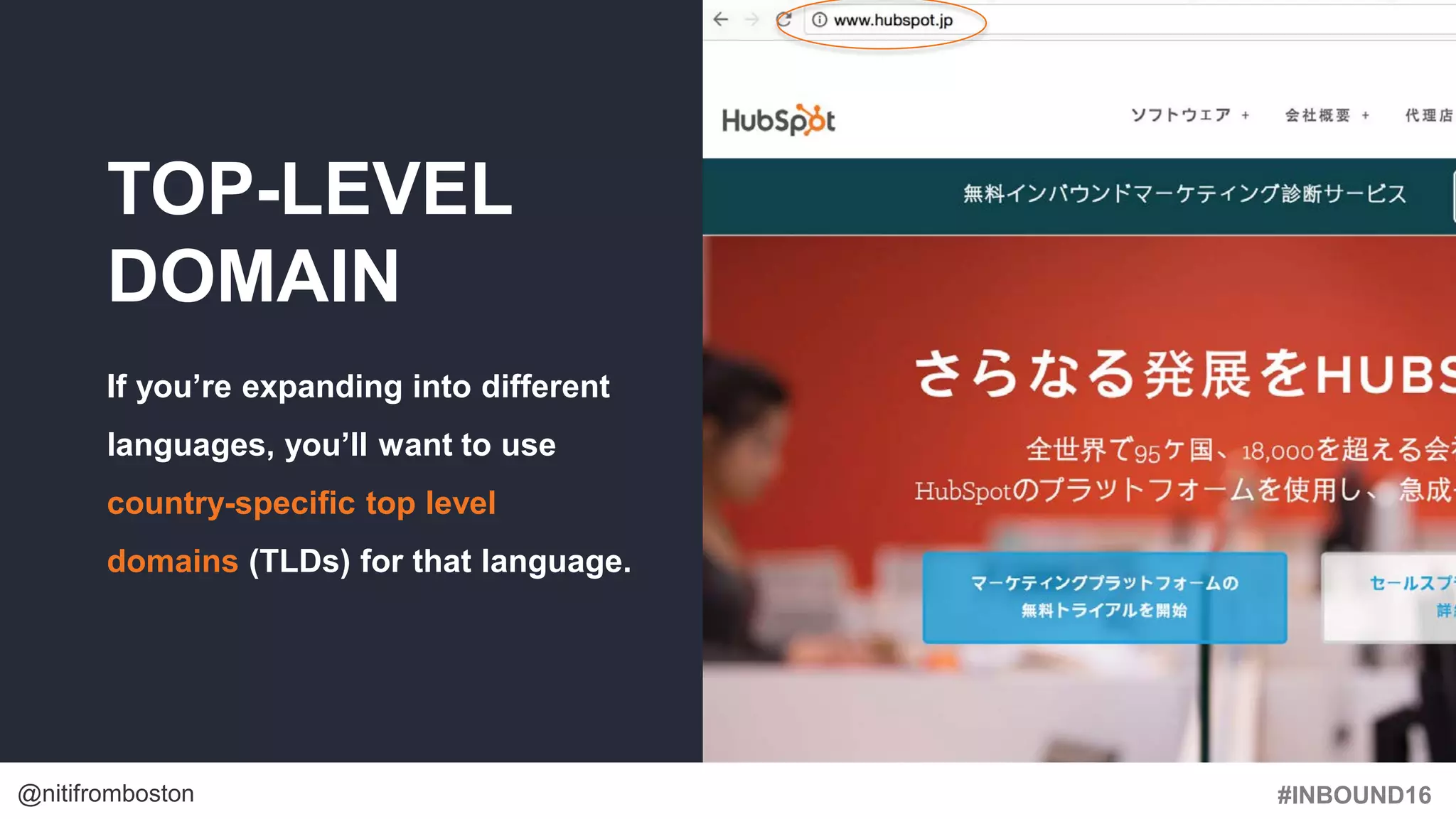 #INBOUND16@nitifromboston
TOP-LEVEL
DOMAIN
If you’re expanding into different
languages, you’ll want to use
country-specific top level
domains (TLDs) for that language.
 
